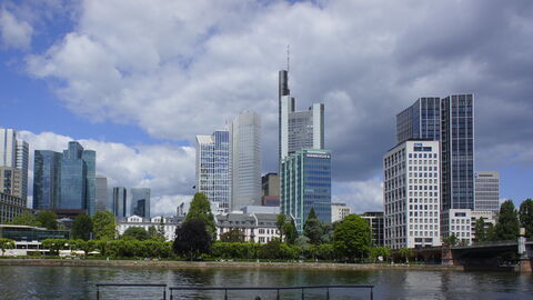 Das Bild zeigt das Mainufer. Im Hintergrund sieht man Hochhäuser von Frankfurt am Main.