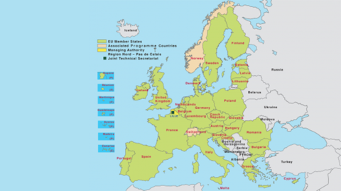 Karte von Europa in der die Mitgliedstaaten des Interreg Europe in hellgrün eingezeichnet sind
