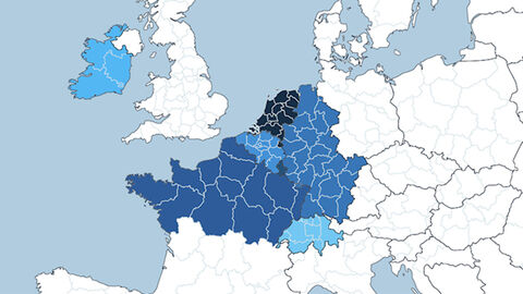 Karte von Europa in weis dargestellt, Länder des Interreg VI B-Programms in Blautönen eingefärbte 