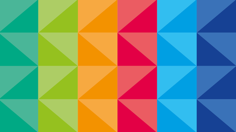 Icon des Programms "Interreg Europe 2021-2027 Ein in 48 Dreiecke aufgeteiltes Rechteck mit sechs senkrechten Farbstreifen von grün über gelb bis blau.