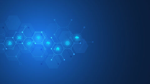 Innovative Verfahrensweisen für Europa Blauer Hintergrund mit blaugrün leuchtenden Symbolen in aneinander gereihten Sechsecken