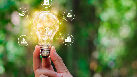 Leuchtende Glühbirne umrandet von Symbolen vor verschwommenen grünen Hintergrund, 