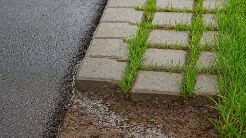 Rasengittersteine grenzen an geteerte Fläche , im Vordergrund Erdboden.